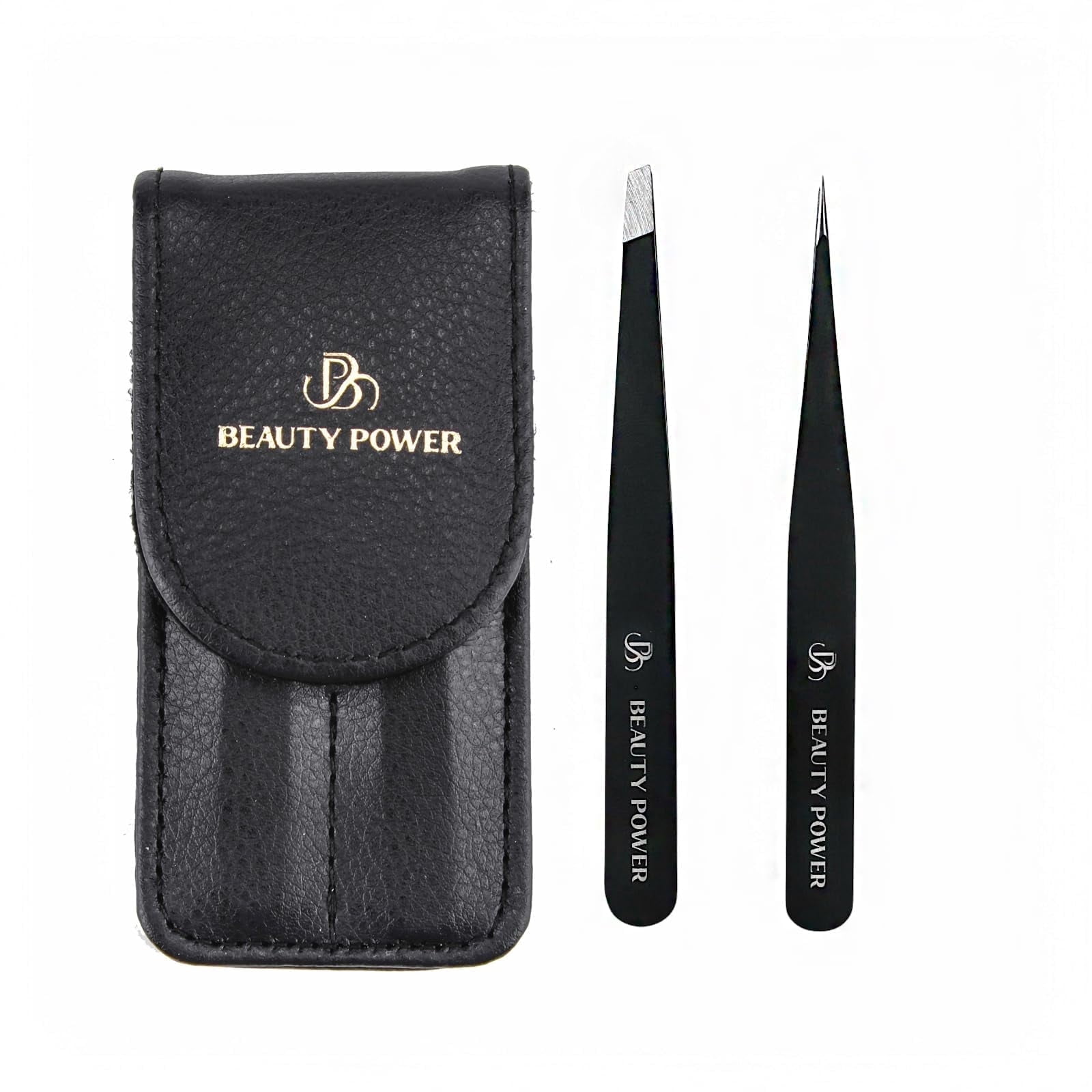 Beauty Power Professional Tweezers Set – Slant \u0026 Point, Ultra Precision German Stainless Steel Tweezers for Eyebrows, Chin, Ingrown Hair \u0026 Facial Grooming – Lightweight with Travel Case (Black)